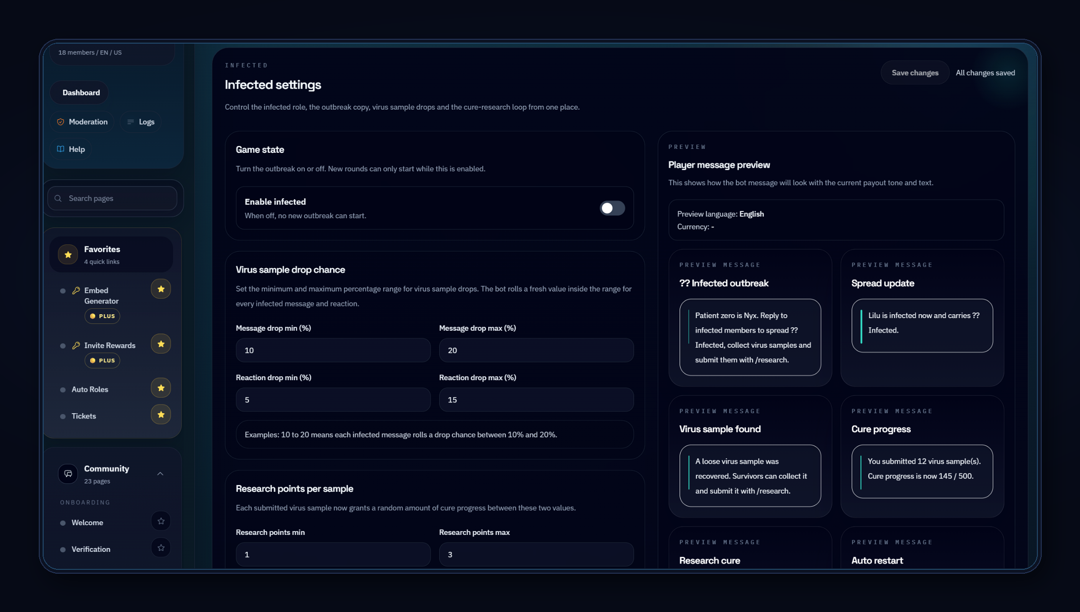 Einstellungen der Virexon Guardian-Community-Module mit Live-Vorschau der Nachrichten