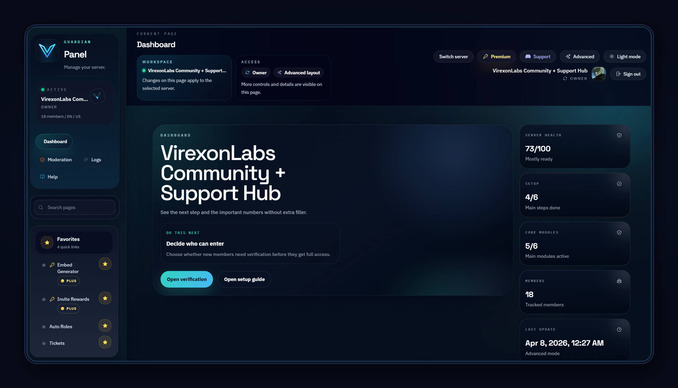 Virexon Guardian web panel dashboard with server health, setup progress and module status
