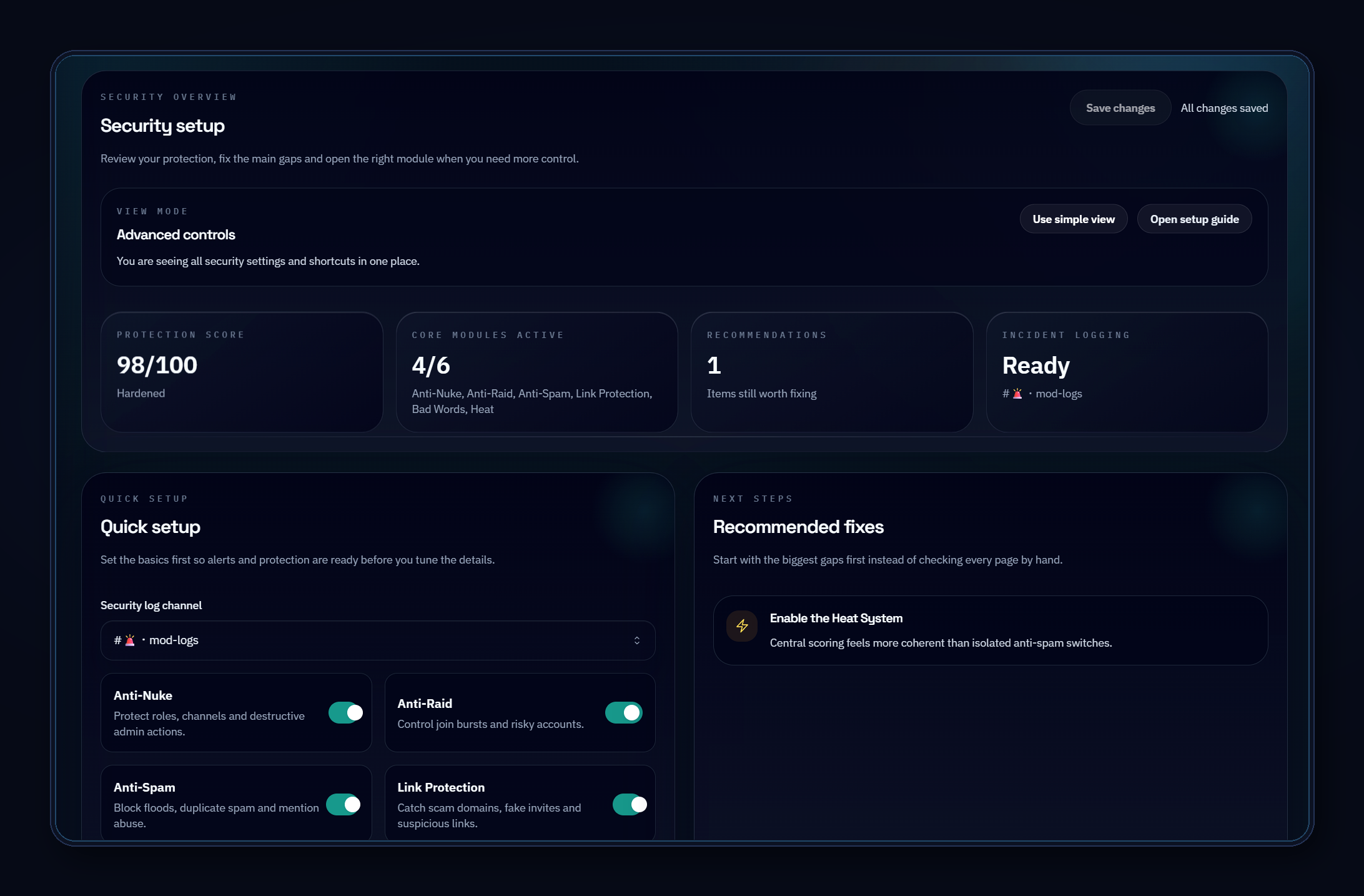Virexon Guardian security overview with Anti-Nuke, Anti-Raid, anti-spam and link protection