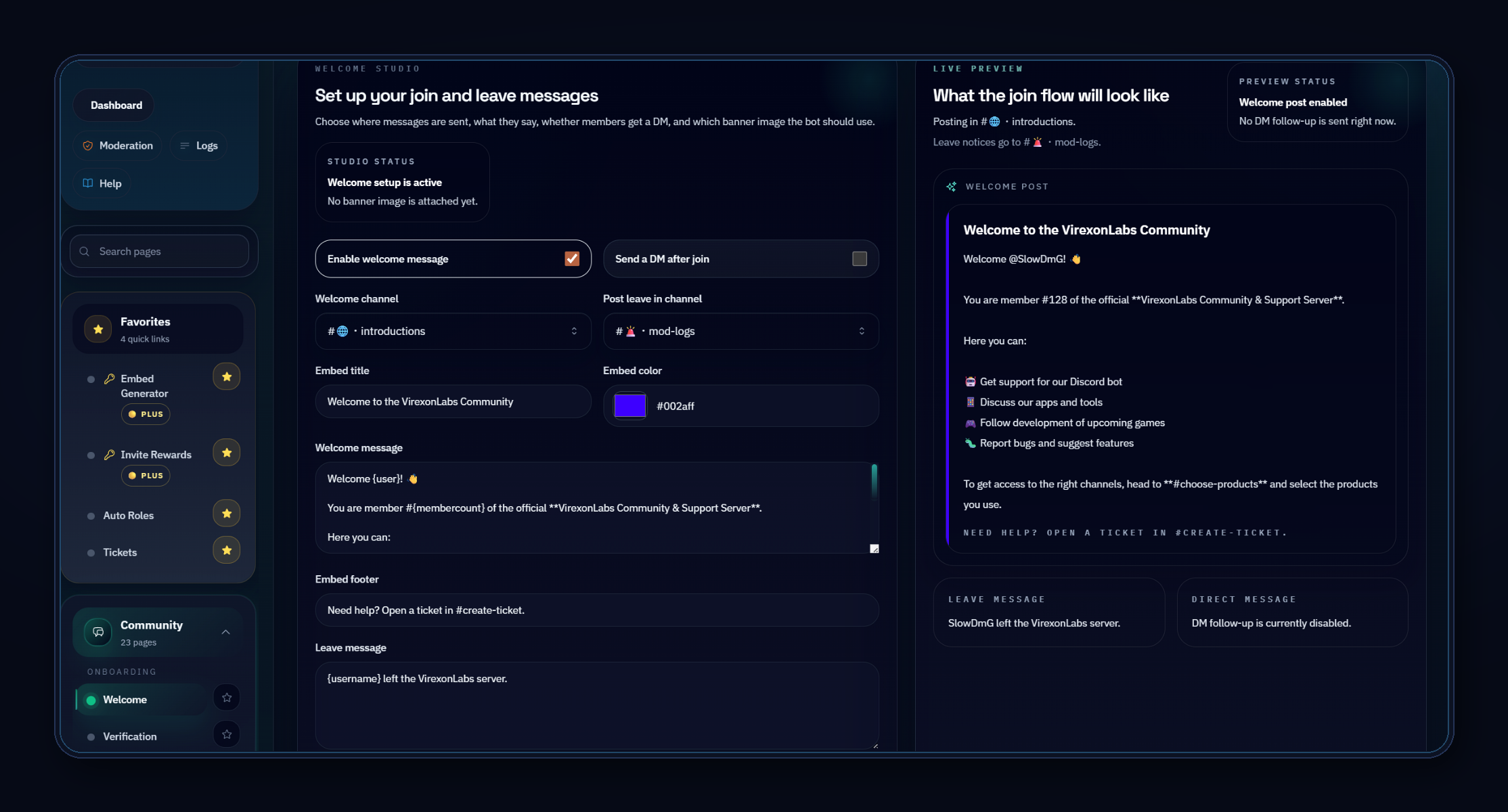 Virexon Guardian welcome message editor and live Discord preview